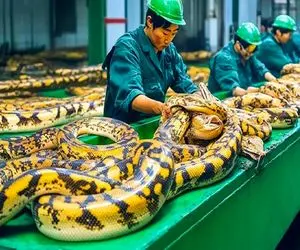 فرآوری مار؛ پوست پیتون غول و درسته با چاقو اره ای ظریف میکنن واسه کیف و کفش