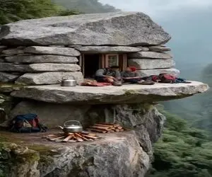 معماری خلاقانه؛ خونه سنگی ساختن تو کوه نشستن چای آتیشی میخورن  لوکیشن و ویوشون عالیه