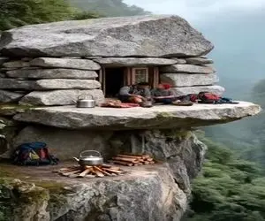 معماری خلاقانه؛ خونه سنگی ساختن تو کوه نشستن چای آتیشی میخورن  لوکیشن و ویوشون عالیه