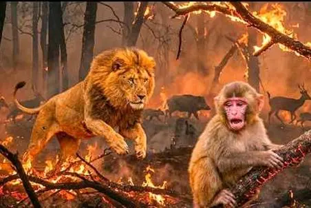 مستند حیات وحش؛ شیر برای نجات بچه به دل آتش میزنه البته نه بچه خودش بچه میمون