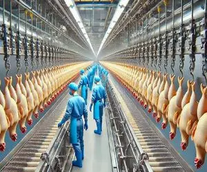 فرآوری مرغ؛ برای تولید مواد نو از گوشت و پر  مرغ تو سلاخخونه بعد جوشوندن گردن میزنن