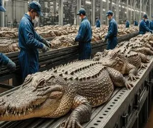 فرآوری تمساح؛ تمساح با نیم تن وزن مثله شد تا از گوشت و پوستش بهره برداری شه