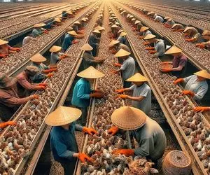 فرآوری بلدرچین؛ اول جوجه بلدرچینارو بزرگ میکنن بعد از گردن دار میزنن میذارن تو کوره