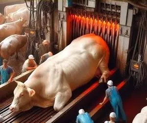 فرآوری گاو؛ گاو سنگین گوشتالو میره تو دستگاه از اونور گوشت راسته برش خورده میاد بیرون