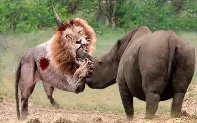 جنگ حیات وحش/ تلاش مذبوحانه شیر در چنگال کرگدن گردن کلفت شاخش شکم شیر رو پاره کرد