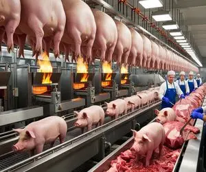 فرآوری خوک؛ خوک حرومی قلمبه صورتی رو بعد کارواش چرخ میکنه سوسیس تحویل میگیره