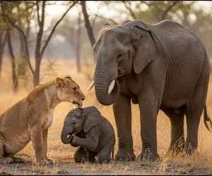 مستند حیات وحش؛ شیر بچه فیل رو نه تنها نخورد کلی هم ناز و نوازشش کرد