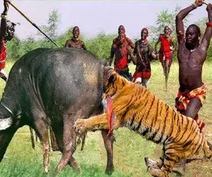 جنگجویان طبیعت؛ پلنگ موقع خوردن گاو با نیزه و تبر صاحبای بوفالو شرحه شرحه شد