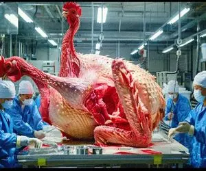 فرآوری مرغ؛ جوجه هارو به مرغ غول پیکر تبدیل میکنن بعد زنده زنده پراشونو میکنن