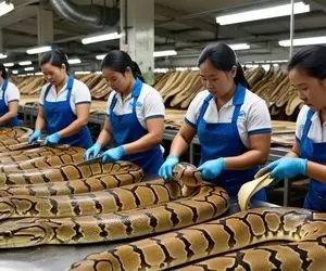 فرآوری مار؛ پوست پیتون رو درمیارن تا هم گوشتش رو بخورن هم از جلدش پول دربیارن