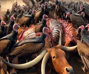 از جذابیت‌های حیات وحش؛ کرکس‌‌های لاشخور به گاوداری یورش بردن گاومیشو قاپیدن