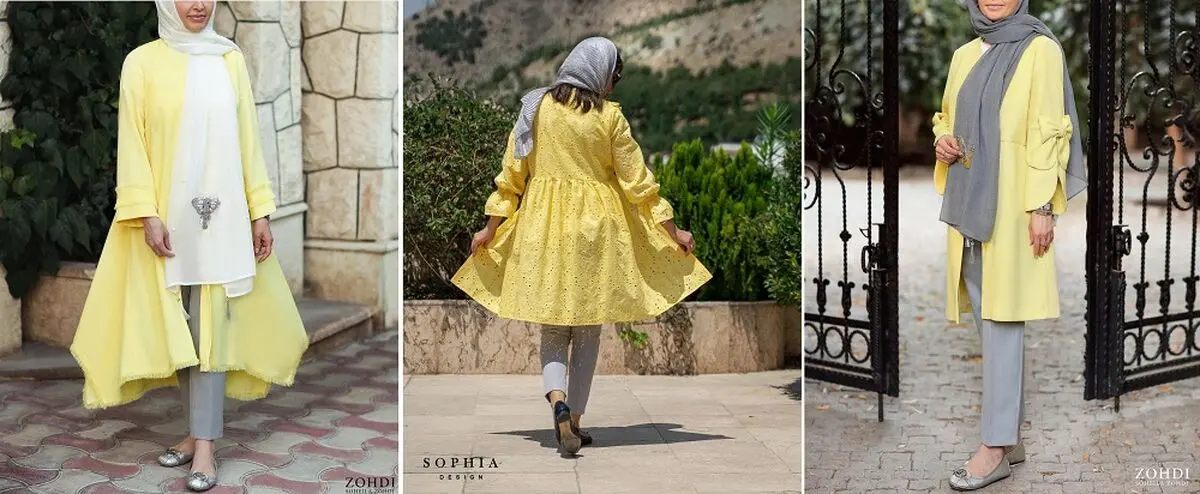 مانتوی زرد با شلوار طوسی