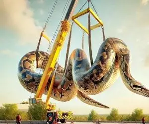 شاهکار حیات وحش؛ پیتون غول آروم خزید دور بیل مکانیکی غول نذاشت کارگرا زمین و صاف کنن