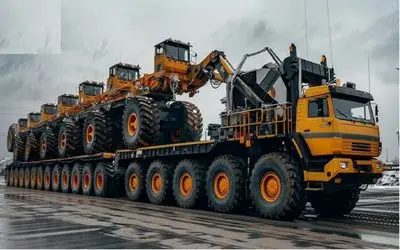 جابه جایی جانکاه؛ کامیون بی انتها بیل مکانیکی غول رو گذاشته رو کولش جولان میده