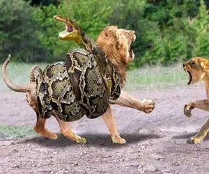 بدایع حیات وحش؛ پیتون غول پیچید دور شیر شریر خفه شه ببلعه زنش اومد تیکه ش کرد