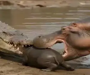 مستند حیات وحش؛ نجات اسب آبی از  میان آرواره های تمساح با وساطت فیل