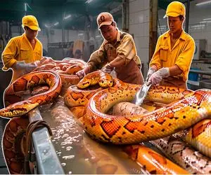 فرآوری پیتون؛ مار پیتون غول پیکر رو زنده میفرسته تو چرخ گوشت واسه کباب آماده شه