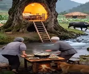 معماری خلاقانه؛ روستا طوفان خیزه تو تنه درخت ریشه دار خونه ساخت پریدن توش هیچیشون نشد