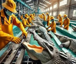 فرآوری تمساح؛ تمساح و زنده میجوشونه بوی زهمش گرفته بشه با سس قارچ سرو میکنه