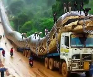 حیوانات غول پیکر؛ سر پیتون غول پیکر رو وصل کردن به تریلی راهو با سرعت ماشین خزید 