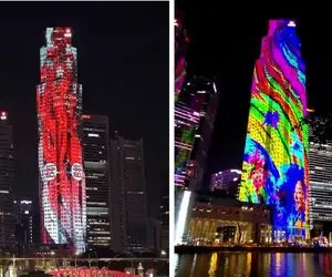 آسمان خراش نورانی در سنگاپور و ویدیو حیرت انگیز از شاهکار رقص نور