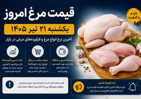 قیمت مرغ امروز یکشنبه 21 تیر 1405 | فیله و سینه مرغ چند؟ + جدول