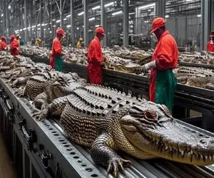 فرآوری کروکودیل؛ با یک مهارتی کروکودیل رو سلاخی کردن انگار دستگاهن قلفتی و بی دورریز