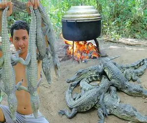 فرآوری تمساح؛ کروکودیل زمخت رو با قمه اسلایس کرد تو پیاز تفت داد تا قیمه بشه