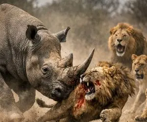 انتقام حیات وحش/کرگدن به عنوان انتقام سر شیرها را می کنه