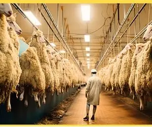 فرآوری گوسفند؛ بعد وزن کشی گوسفندا پشم تپلاشو با موزر میزنن و شقه اشون میکنن