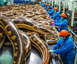 فرآوری پوست مار؛ گوشت پیتون های قطور رو خالی می کنن تا فقط پوستش بمونه و بره واسه چرم