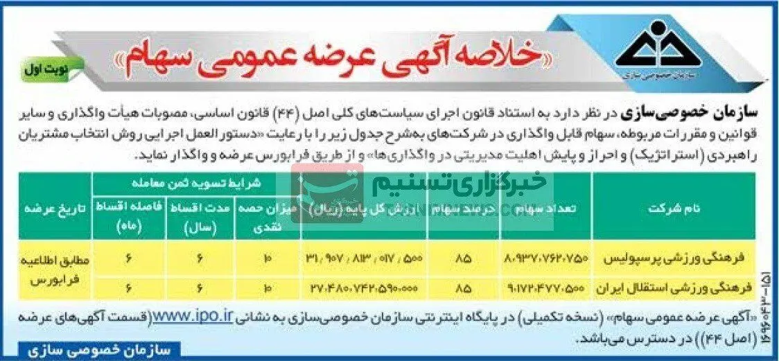 آگهی رسمی مزایده پرسپولیس و استقلال + عکس | چند درصد سهام این ۲ باشگاه عرضه می شود؟