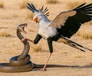 مستند حیات وحش؛ پرنده منشی لنگ درازشو انداخت دور گردن مار نفسشو برید