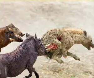 بدایع حیات وحش؛ کفتار توسط گراز برای محافظت از توله ها در برابر شکار قصاص شد