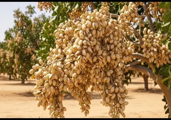 کشاورزی نوین؛ پسته پرورش میدن و با مراقبت و رسیدگی به اندازه خوشه انگور برداشت می کنن