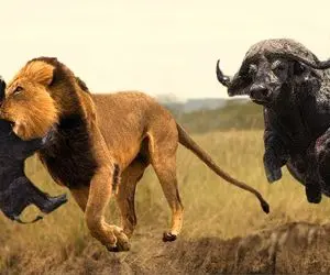 جذابیت‌های حیات وحش؛ شیر سفاک بچه بوفالو رو قاپید گاو نر هم با شاخ شرحه اش کرد