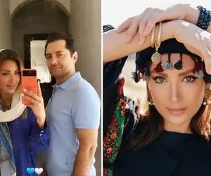 مینا زنِ بهرام رادان با تریپای نرم و نازکش شده جیران آقاش؛ نوعروس چه باکت شیکی پوشیده!