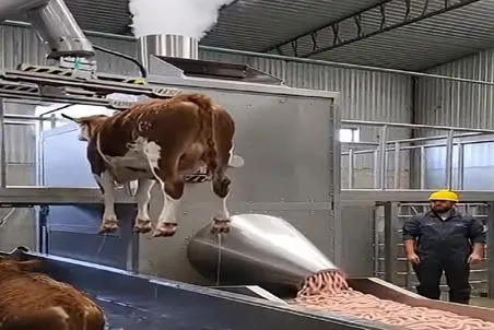 دامداری نوین؛ گاو رو درسته و بدون کشتار میندازن تو دستگاه هات داگ میشه