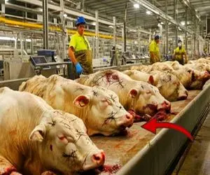 فرآوری گاو؛ گاو سفید گوشتالو میذاره رو ترازو پوستشو برش میده گوشتش استیک میشه