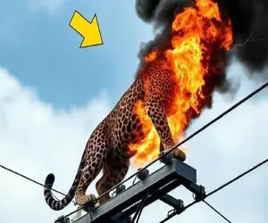 شاهکار حیات وحش؛ پلنگ شریر برای شکار طعمه بندبازی کرد رو سیم برق آتیش گرفت