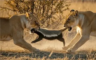 مستند حیات وحش؛ ستیز سبعانه شیرها برای تصاحب جسم گورکن عسل خوار