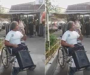 آواز خیابانی؛ معلولی که رو ویلچر چه دلربا آهنگ همه دارو ندارم یه دل پاکه رو میخونه