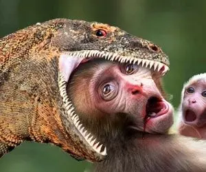 از جذابیت های حیات وحش؛ دستای میمون بدبخت عین مگس کش از دهن کومودو بیرون موند