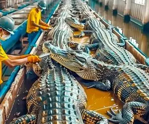 فرآوری کروکودیل؛ تمساح پرورش میدن و بعد از سلاخی با پوست و گوشتش پول پارو می کنن