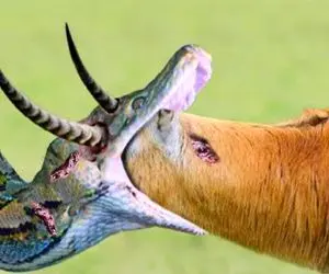 جذابیت حیات وحش؛ پیتون غول شروع کرد به بلعیدن گوزن تمام شکمش با شاخش جر خورد