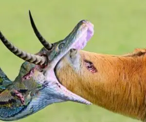 جذابیت حیات وحش؛ پیتون غول شروع کرد به بلعیدن گوزن تمام شکمش با شاخش جر خورد
