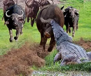 جذابیت حیات وحش؛ بوفالو پر کرشمه رفت سمت برکه یهو تمساح سفاک پرید کشیدش زیر آب
