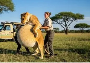 حیات وحش مصنوعی؛ نجات شیر با بار شیشه از باتلاق توسط مامان های مهربان امداد