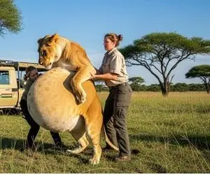 حیات وحش مصنوعی؛ نجات شیر با بار شیشه از باتلاق توسط مامان های مهربان امداد