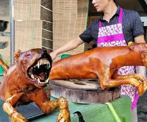 کباب سگ؛ سر سگ های نازنازی بی صاحب رو میبره درسته به سیخ میکشه تا مغزپخت بشه